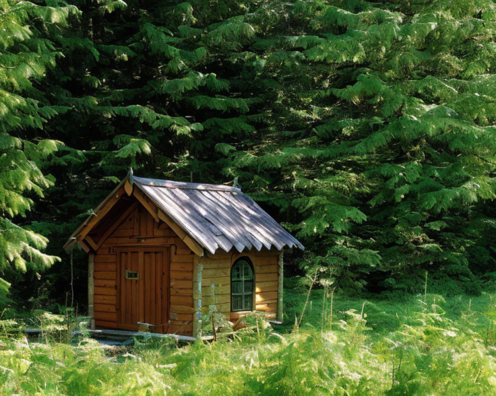 Rustic wooden cabin in dense forest with metal roof