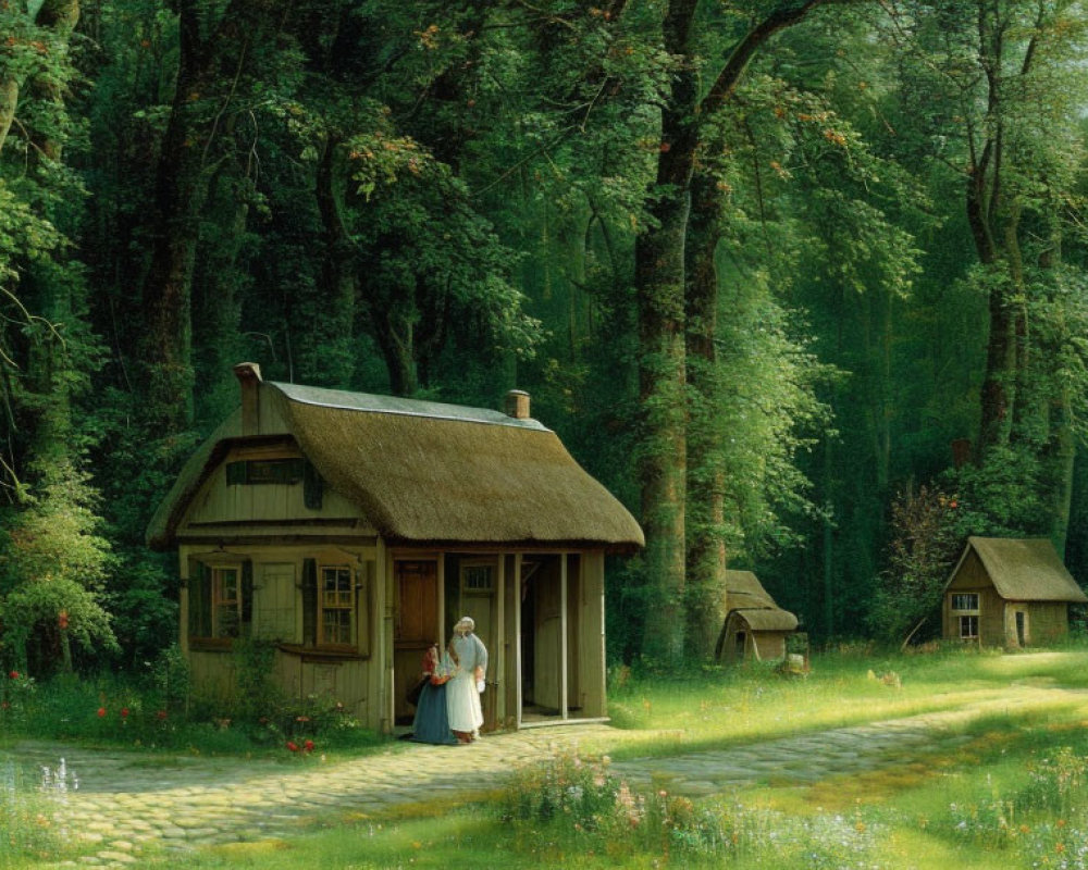 Tranquil forest scene with quaint cottage and lush greenery