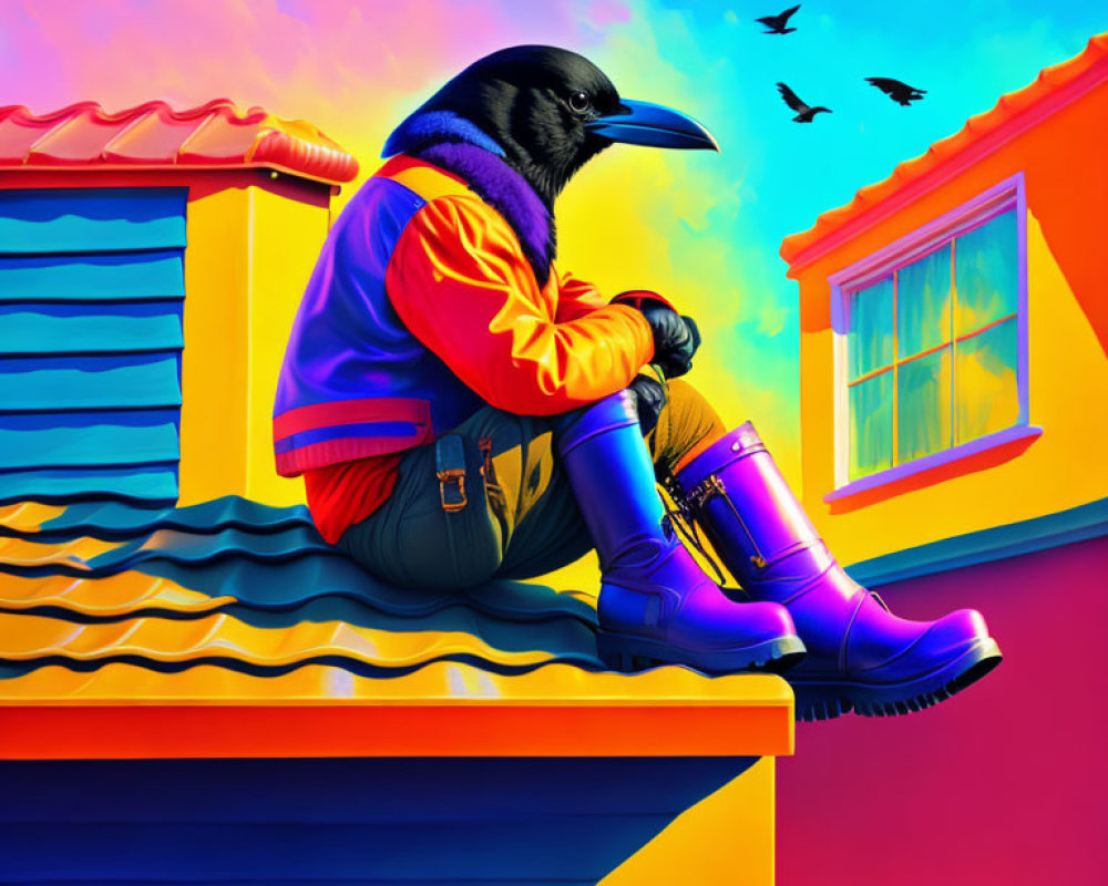 Vibrant human-like raven illustration on roof edge with colorful attire