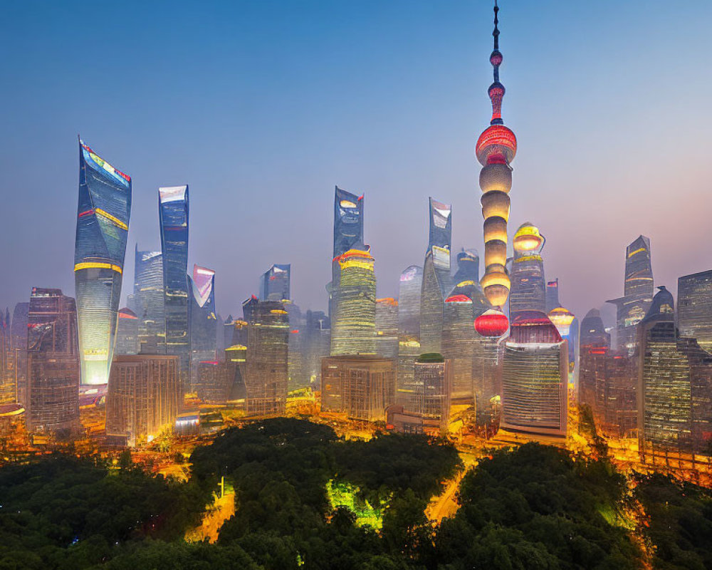 Cityscape of modern metropolis with illuminated skyscrapers and tower at twilight