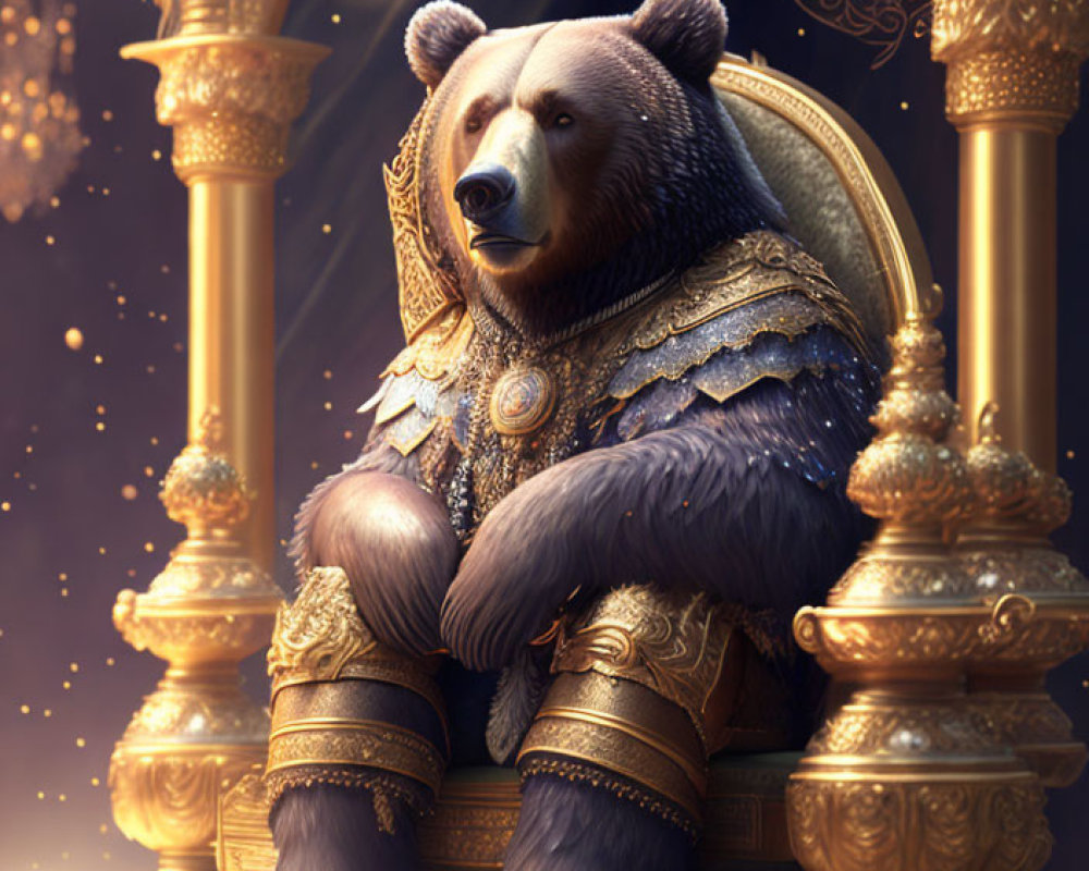 Regal bear in ornate armor on golden throne exudes majesty and power