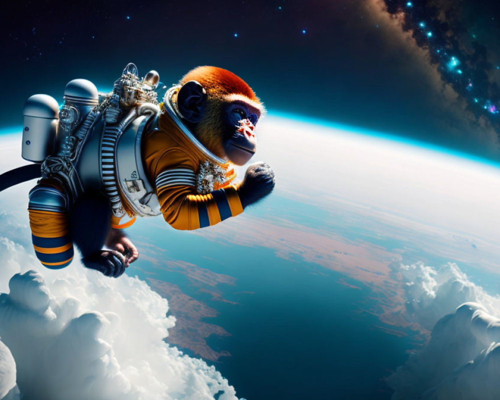 Digital Image: Astronaut Monkey in Space Suit Floating Above Earth