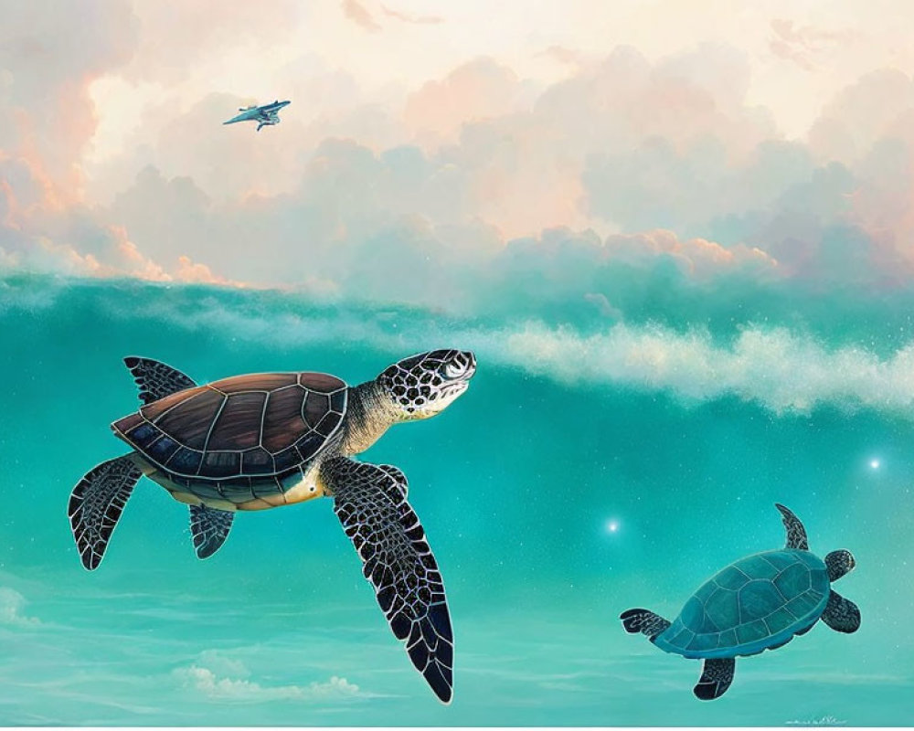 Sea Turtles Swimming Underwater with Cloudy Sky and Airplane Above