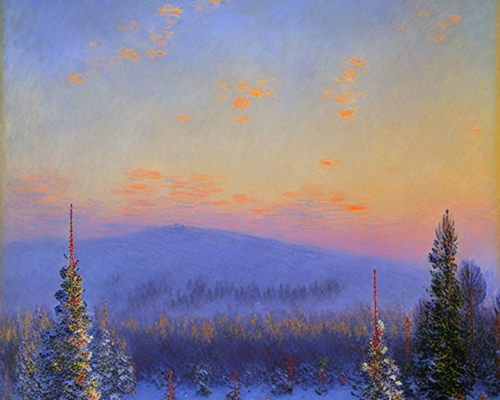 Snow-covered trees in tranquil winter landscape with pink-hued sky