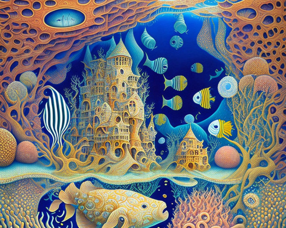 Colorful underwater fantasy scene with fish, coral reefs, and whimsical cityscape.