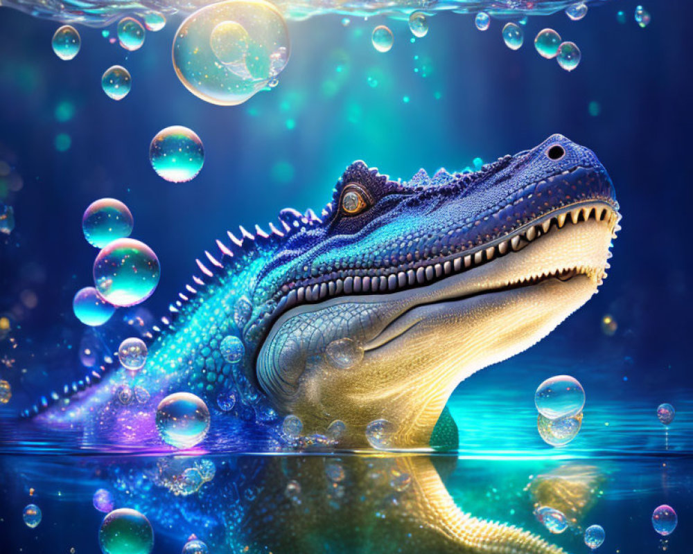 Blue and Gold Crocodile Emerging from Water Digital Illustration