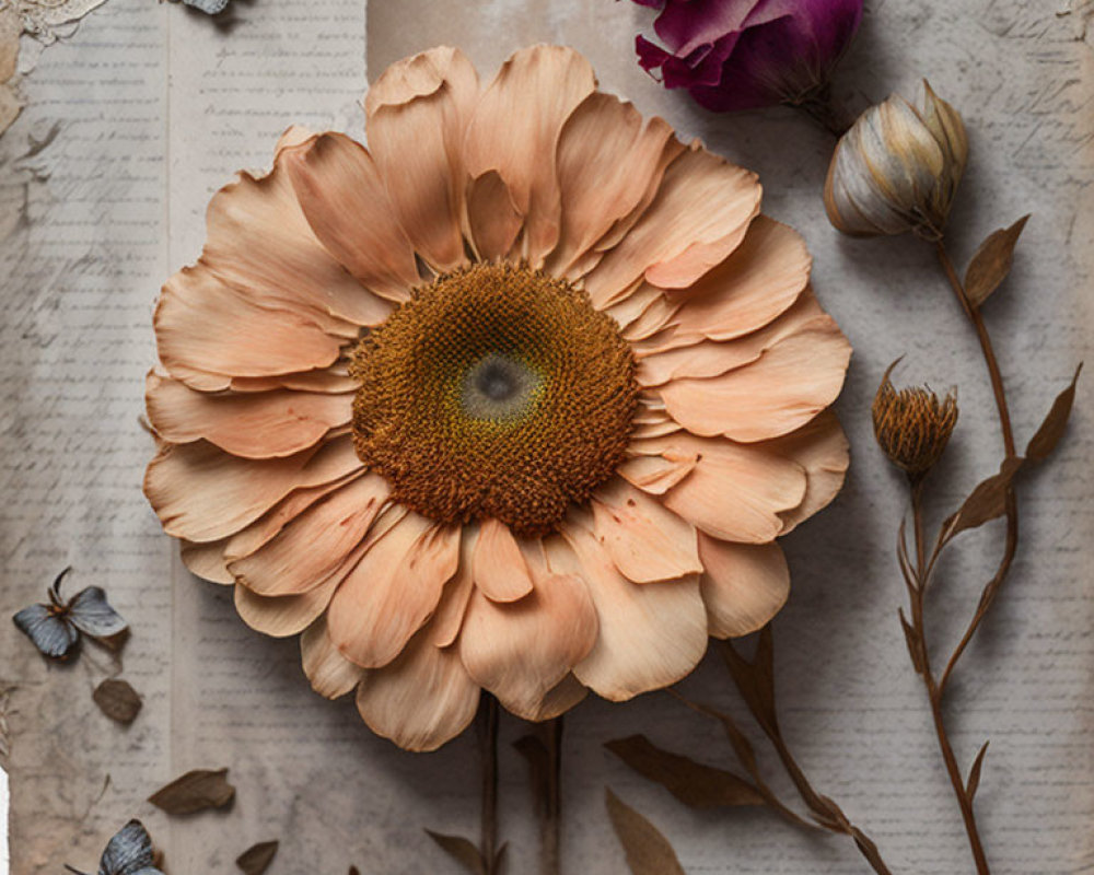 Peach-Colored Flower with Golden Center Surrounded by Vintage Paper and Purple Rose