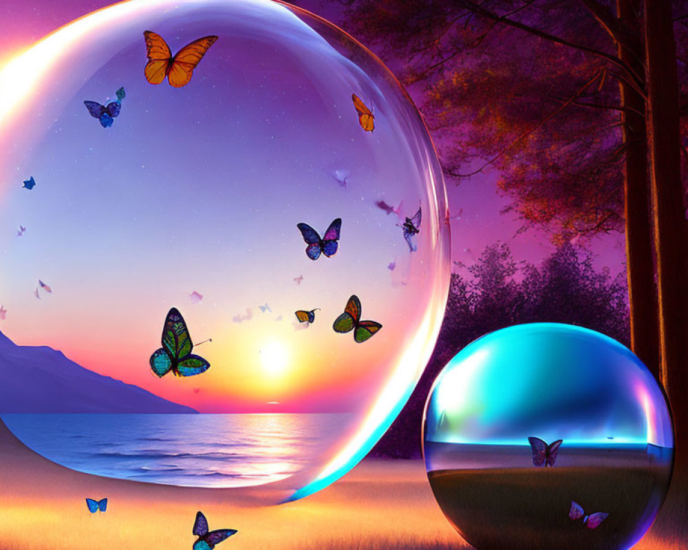 Butterflies in bubbles under purple twilight sky by seaside