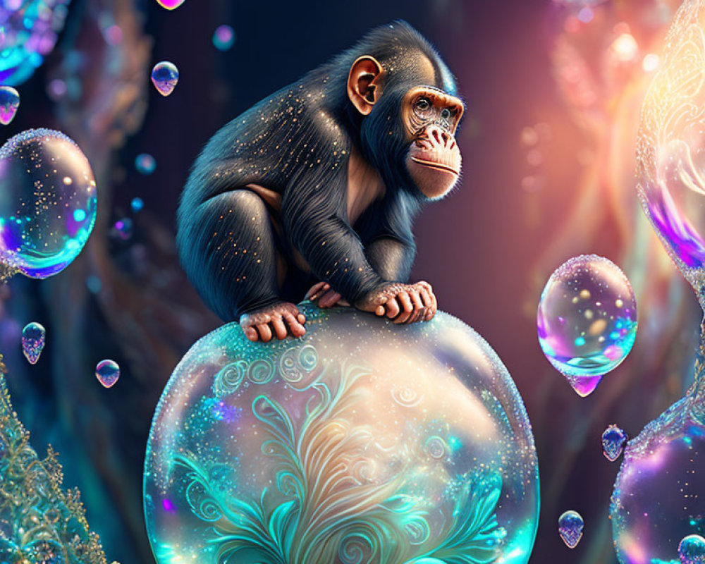 Chimpanzee sitting on vibrant bubble surrounded by iridescent bubbles