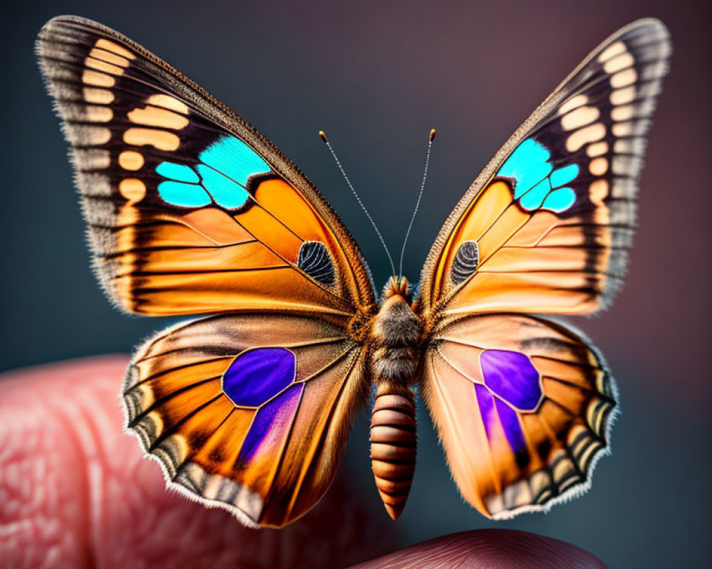 Colorful Butterfly Perched on Finger with Vibrant Patterns