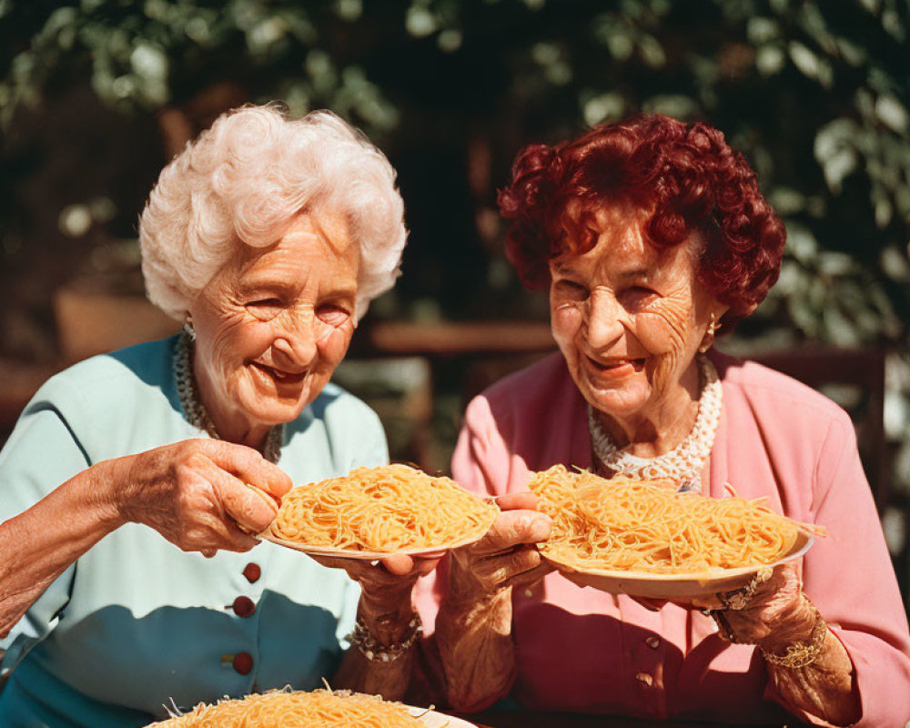 Elderly women with spaghetti plates smiling outdoors