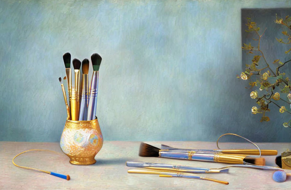 Assorted paintbrushes in golden cup on blue wall with plant art