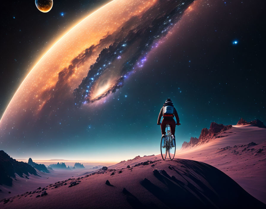 Cyclist in desert landscape with cosmic planet and galaxy view