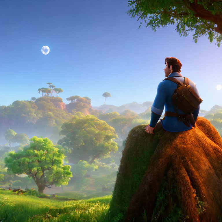 Man with backpack gazes at moon over lush forest landscape