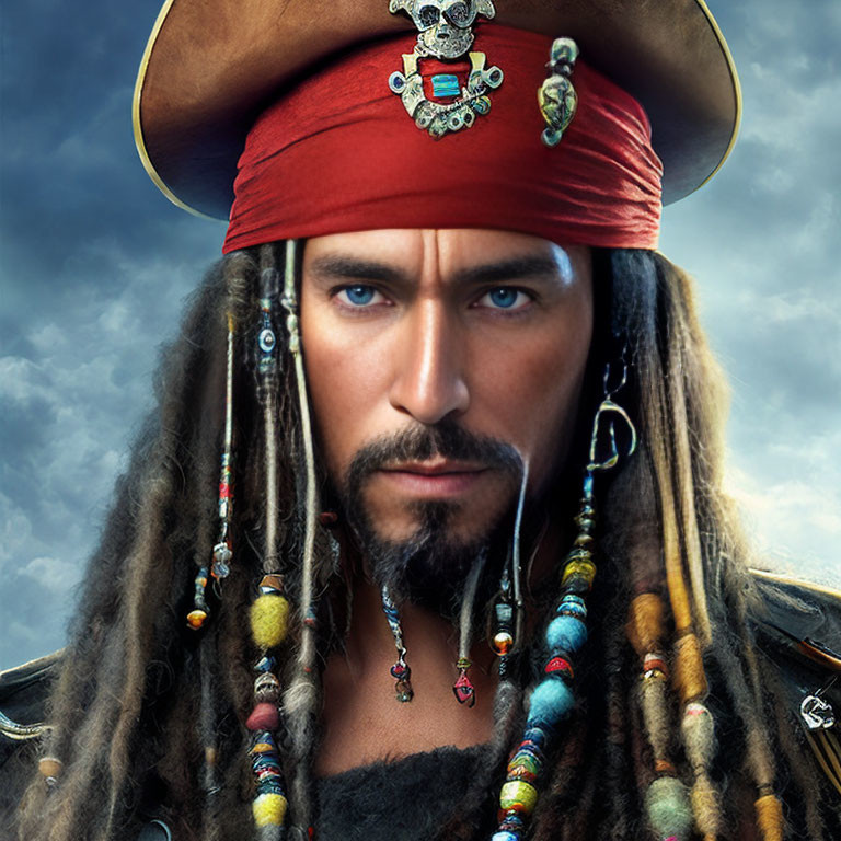 Portrait of a man in pirate attire with red headband and dreadlocks