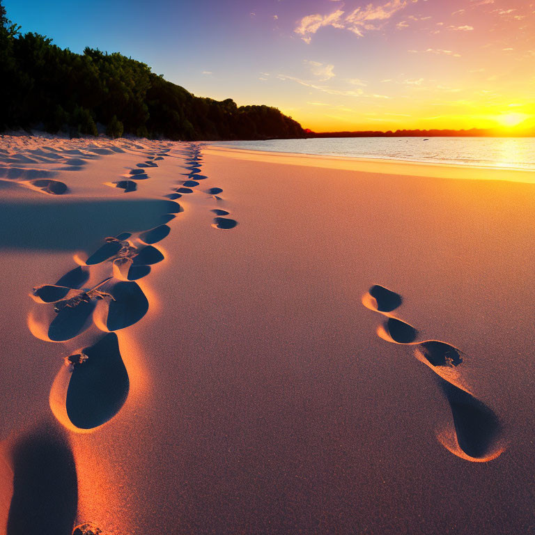 Tranquil sunset beach scene with footprints on sand