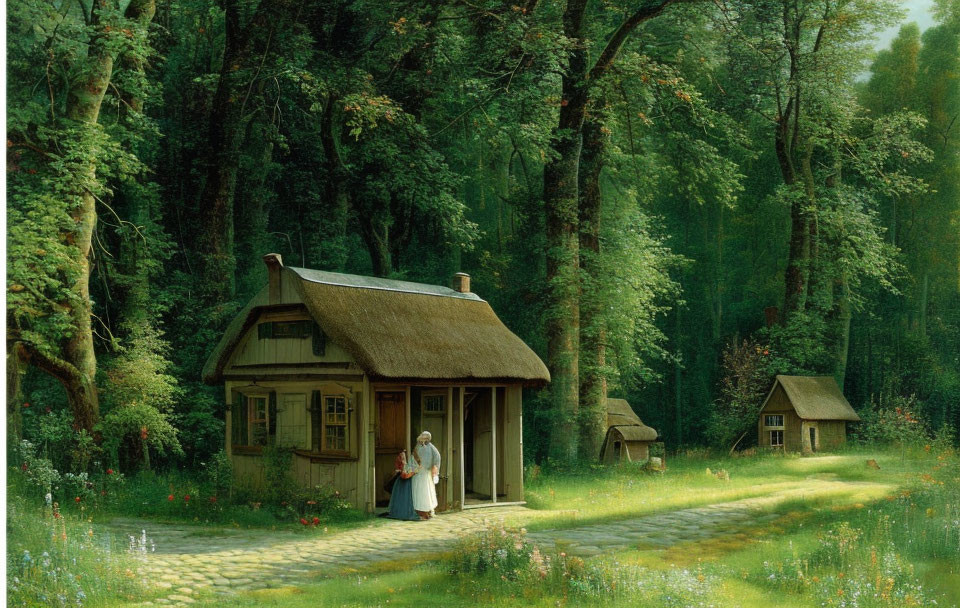 Tranquil forest scene with quaint cottage and lush greenery