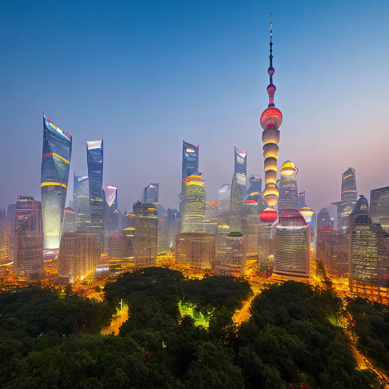 Cityscape of modern metropolis with illuminated skyscrapers and tower at twilight