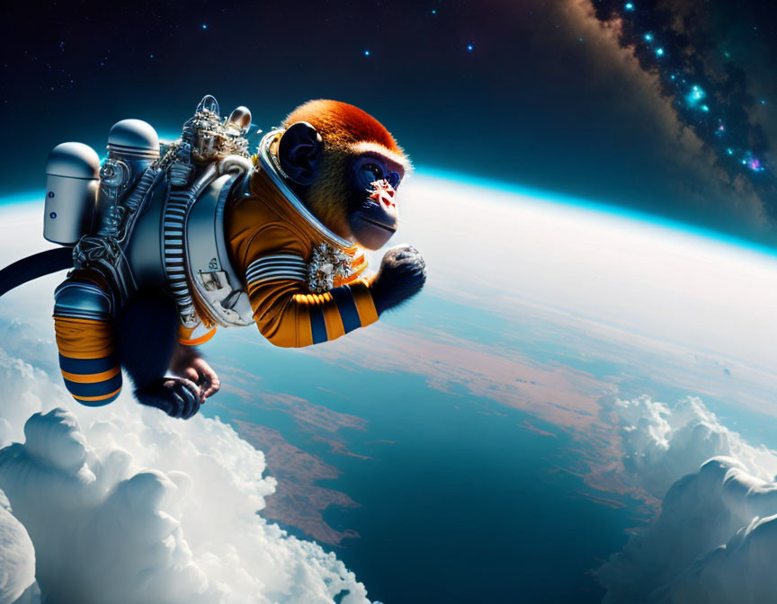 Digital Image: Astronaut Monkey in Space Suit Floating Above Earth