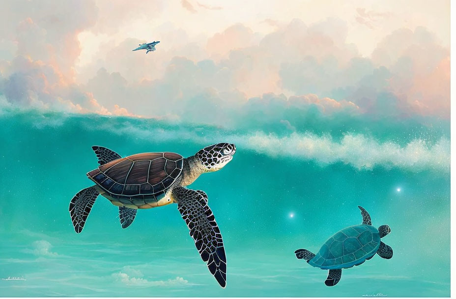 Sea Turtles Swimming Underwater with Cloudy Sky and Airplane Above