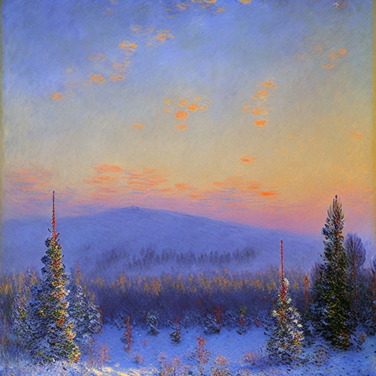 Snow-covered trees in tranquil winter landscape with pink-hued sky