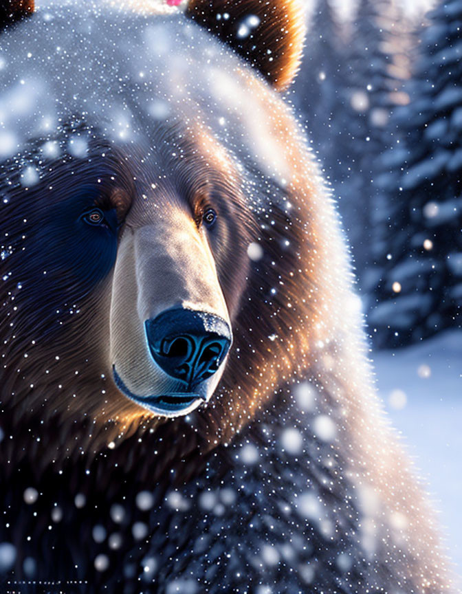 Brown bear's face in snowy environment with falling snowflakes