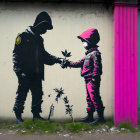 Street art mural featuring child giving flowers to riot officer against pink streak.