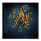 Detailed golden octopus illustration in swirling underwater scene