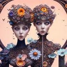 Surreal portrait of male and female figures with floral headpieces and butterflies