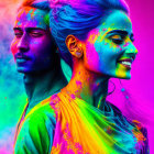 Two women with vibrant colored powder on their faces in festive setting