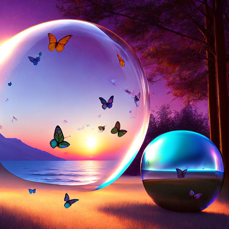 Butterflies in bubbles under purple twilight sky by seaside