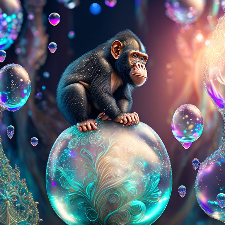 Chimpanzee sitting on vibrant bubble surrounded by iridescent bubbles