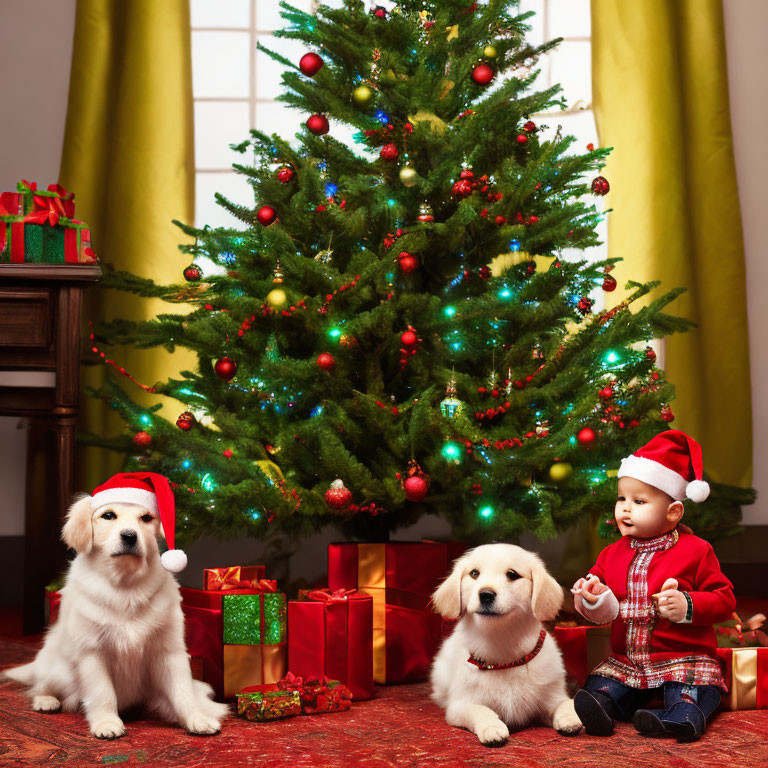 Child, Santa hat, two dogs in Christmas attire by decorated tree with gifts