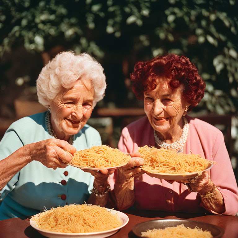 Elderly women with spaghetti plates smiling outdoors