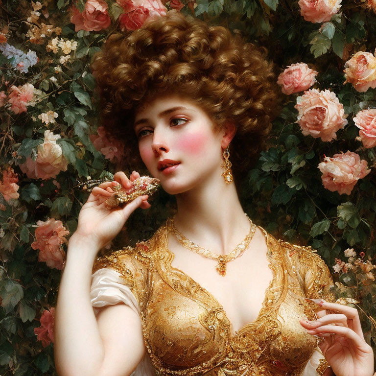 Elaborate Hairstyle Woman in Gold Dress Surrounded by Roses