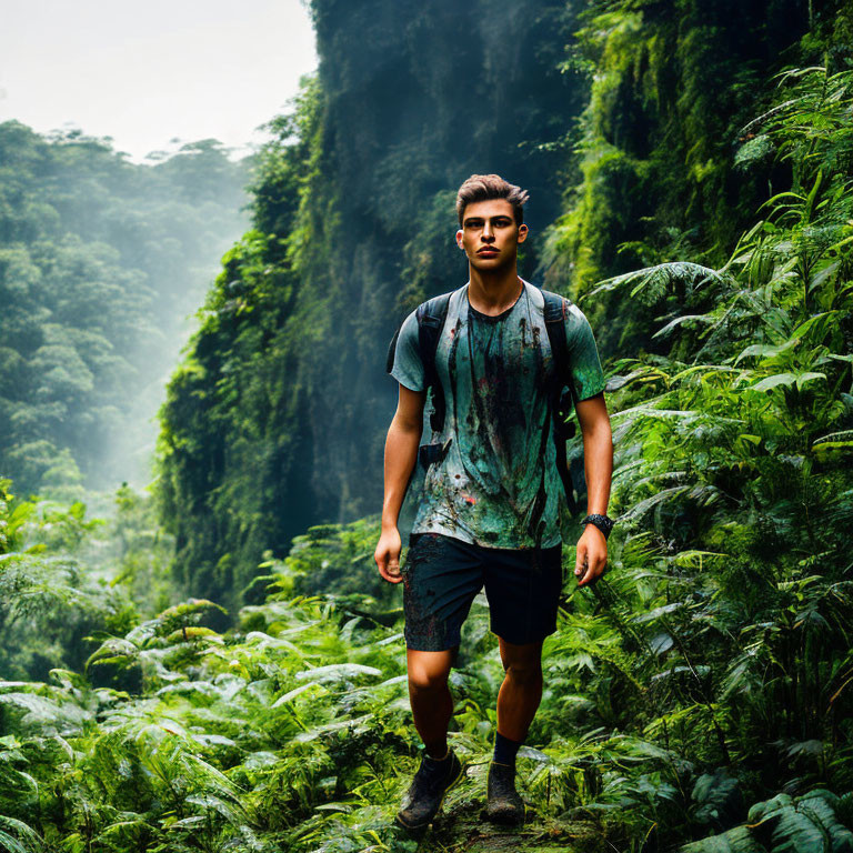 Young man with backpack in misty forest greenery