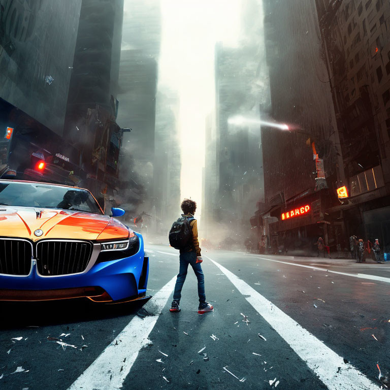 Child in city crosswalk with bright light, blue sports car, and pedestrians.