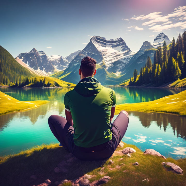 Person admires mountain lake with snow-capped peaks and lush greenery