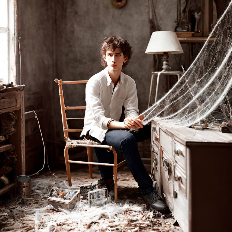 Young man in white shirt sits on wooden chair in vintage room.