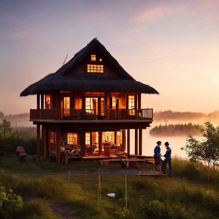 Two-story wooden house at dawn with warm interior lights and mist-covered landscape.