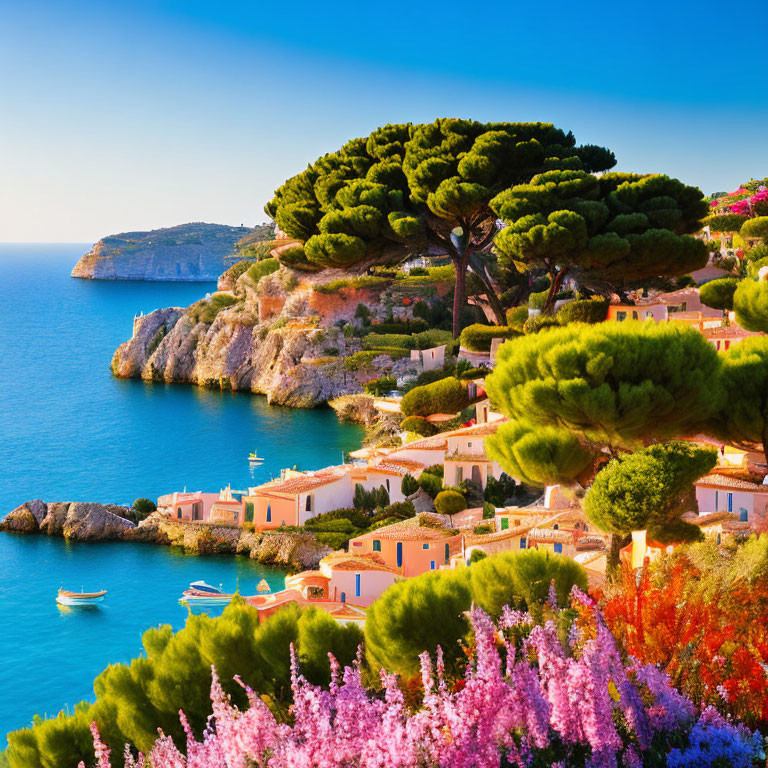 Scenic coastal landscape with flowers, terracotta houses, trees, and sea boats