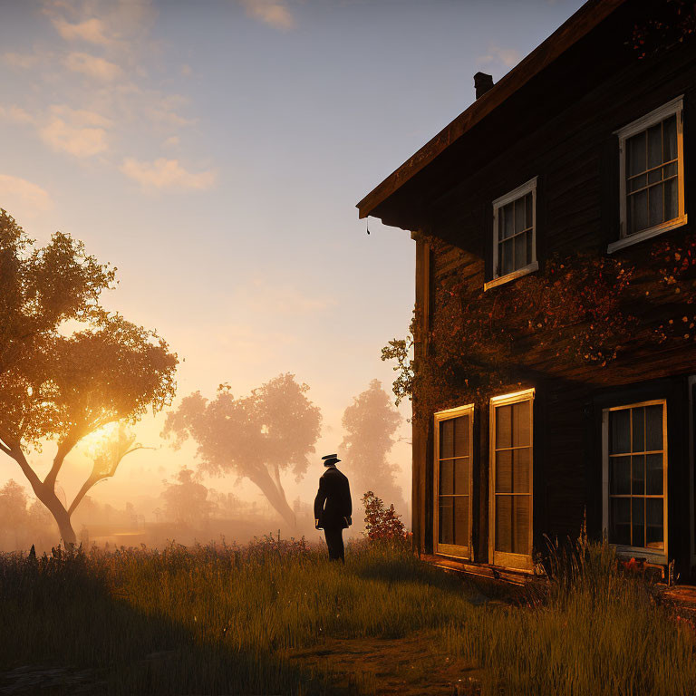 Person in hat near wooden house in serene landscape with trees and golden haze