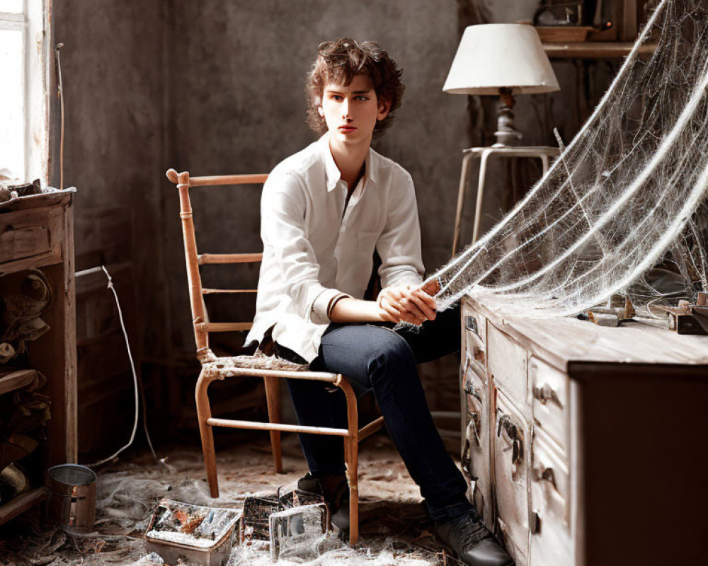 Young man in white shirt sits on wooden chair in vintage room.