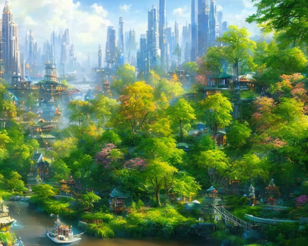 Futuristic cityscape with greenery, traditional architecture, and river boats