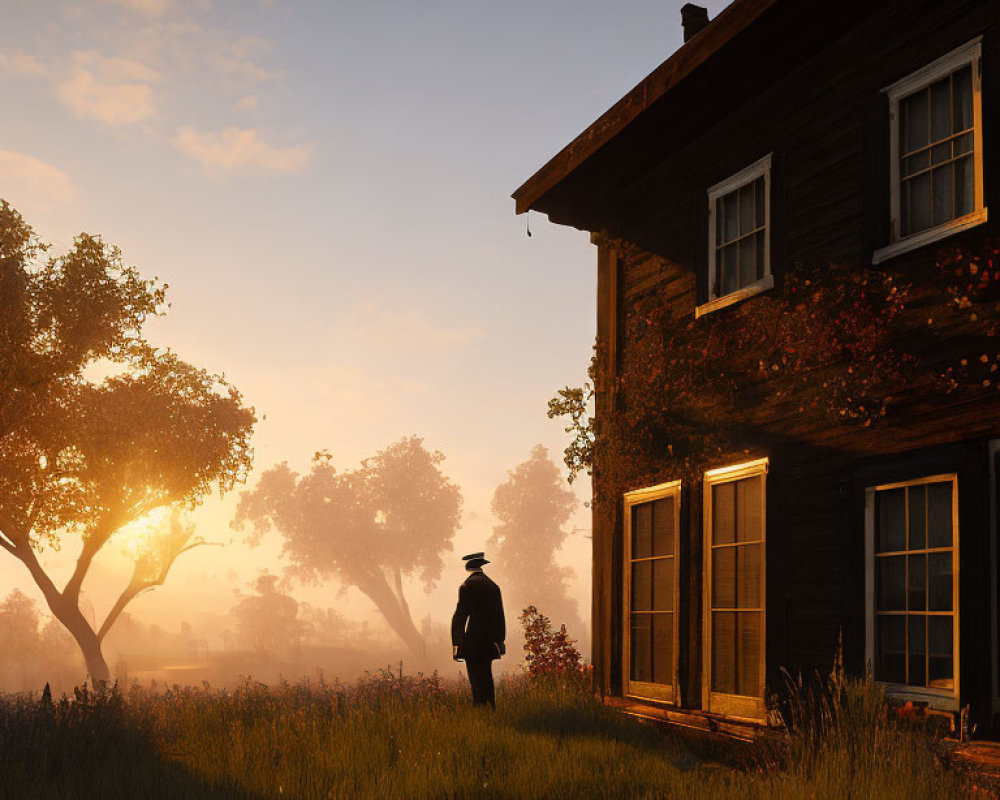 Person in hat near wooden house in serene landscape with trees and golden haze