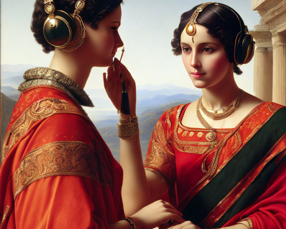 Two women in historical attire with ornate jewelry in a secretive moment