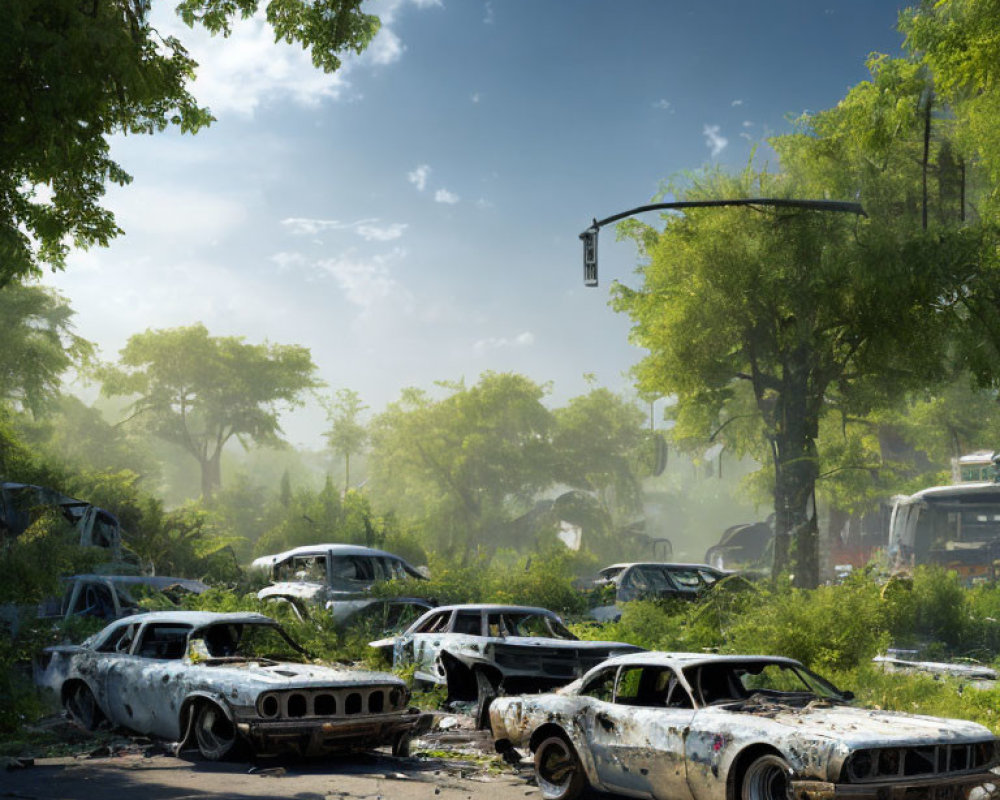 Abandoned cars and overgrown vegetation in post-apocalyptic street scene