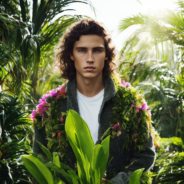 Curly-Haired Young Man in Green Floral Jacket Surrounded by Lush Foliage