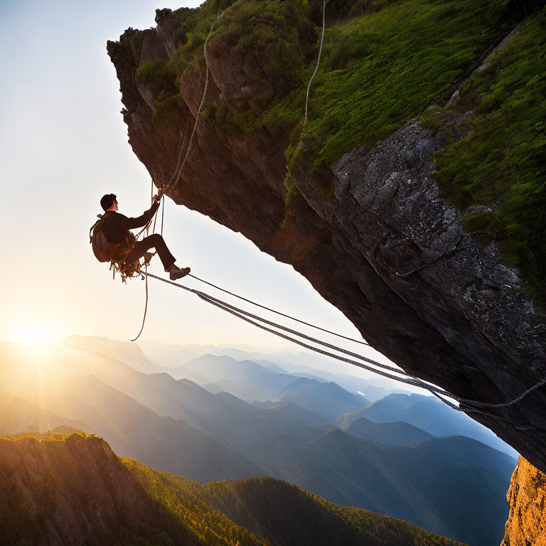 Climber on highline beneath rocky outcrop at sunset