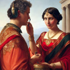 Two women in historical attire with ornate jewelry in a secretive moment